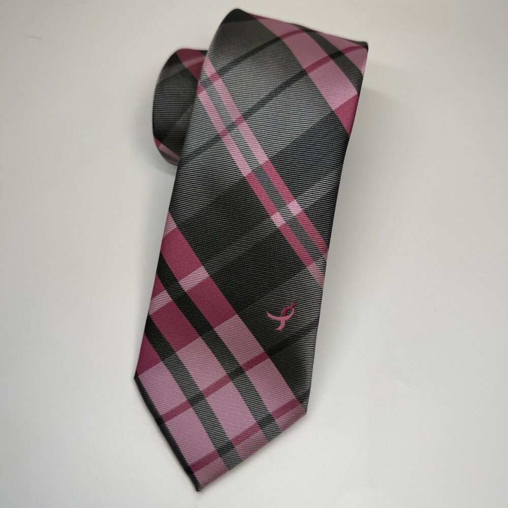 Knots For Hope Susan G Komen Breast Cancer Awareness Necktie Pink Gray Plaid